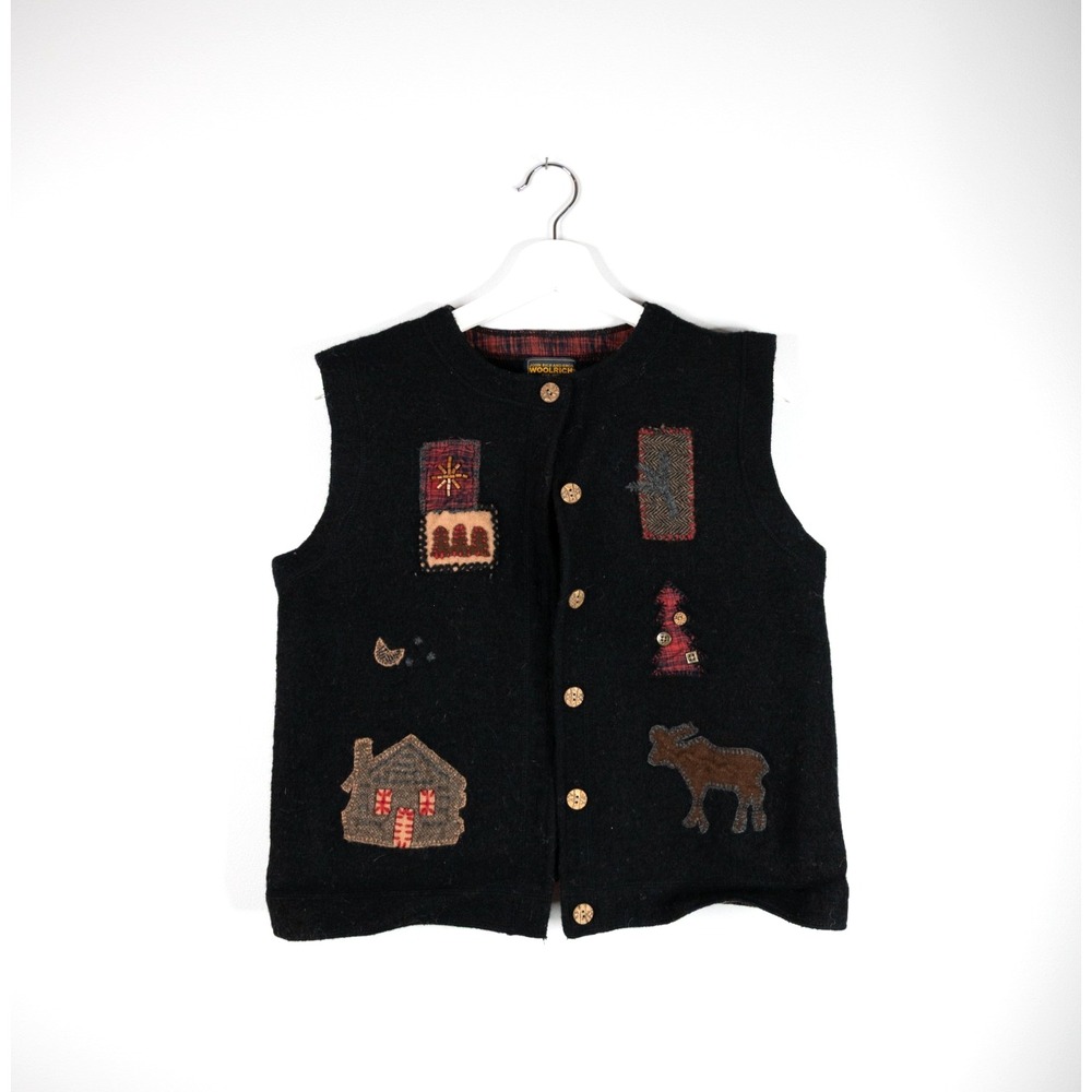 WOOLRICH - Women's Black Wool Vest Cabin Moose Tree Snowflake - Size XL